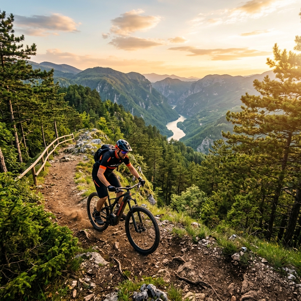 Велосипедист на E-MTB в горах Тары, Сербия